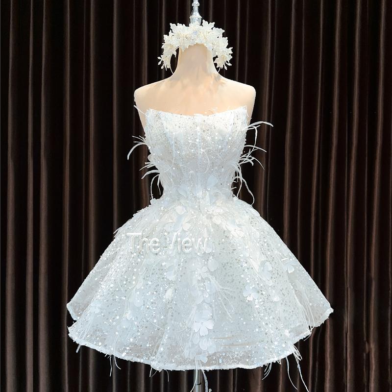 váy cưới cô dâu ngắn cúp ngang gối MIDI cho Nữ mặc tiệc mặc đi bàn áo thiết kế Bling lông vũ dáng xòe trên đầu gối - Nữ 253