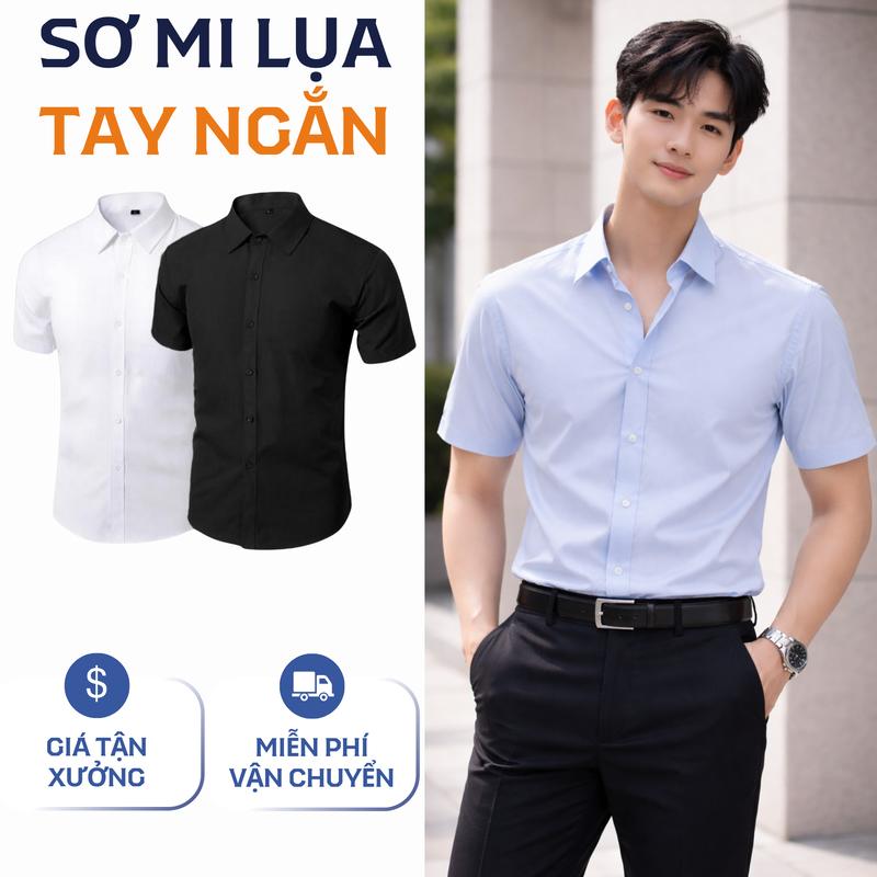  Áo Sơ Mi Nam Ngắn Tay Trơn Vải Lụa Chéo Cao Cấp Form Rộng Thanh Lịch Menswear Cổ Đức Tay Ngắn 
