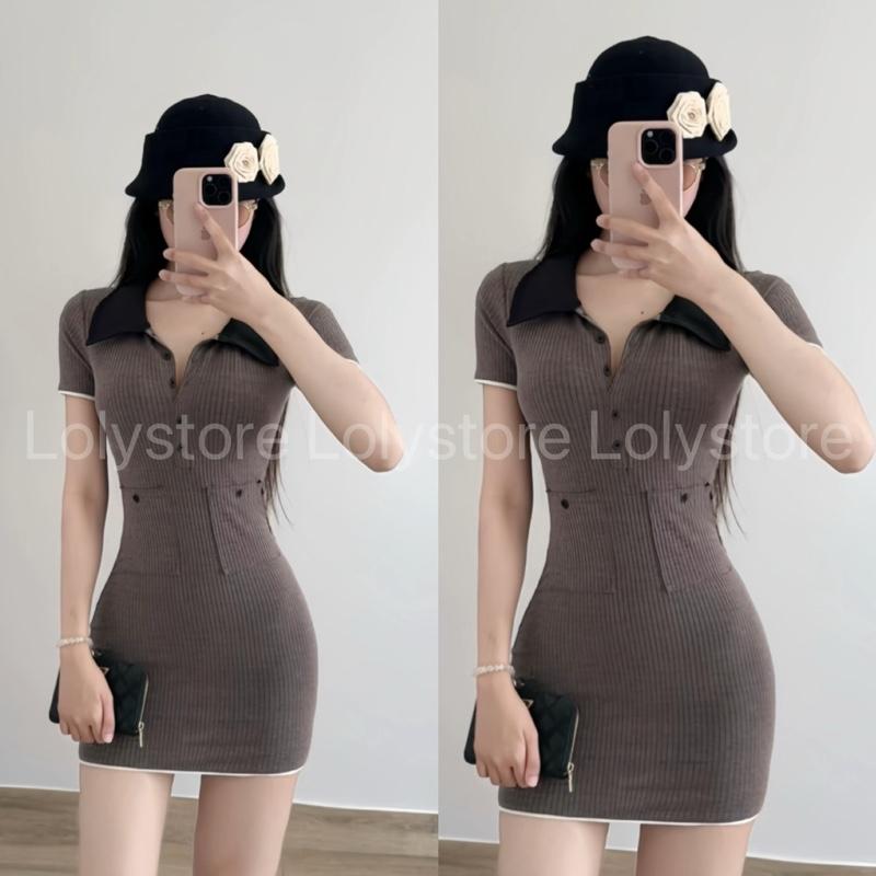  Đầm body nữ cổ bẻ có nút kiểu dễ thương form ôm dáng phong cách thời trang đơn giản sang chảnh Lolystore dress women DE316 