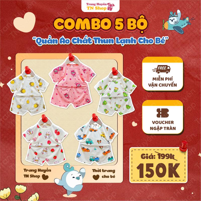 [ DEAL MỞ BÁN - Sản Phẩm MỚI ] Combo 5 Bộ Quần Áo Cộc Tay Chất Thun Lạnh Họa Tiết Cho Bé Trai Bé Gái Từ 5kg Đến 16kg