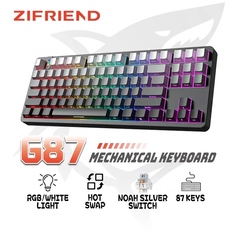 ZIFRIEND G87 Gaming Mechanical Keyboard 87 Keys Side Engraved Keycaps RGB Lighting Wired Hot Swap Noah Silver/Silent/Red/Brown Switch Keyboard 0