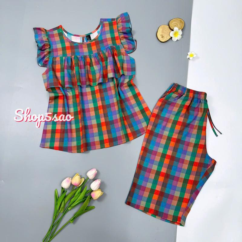  Đồ tole nữ đồ bộ lanh mặc nhà lửng cánh tiên bèo ngực  43-75kg  cao cấp có Bigsize - SHOP5SAO Women Đồ mặc nhà 