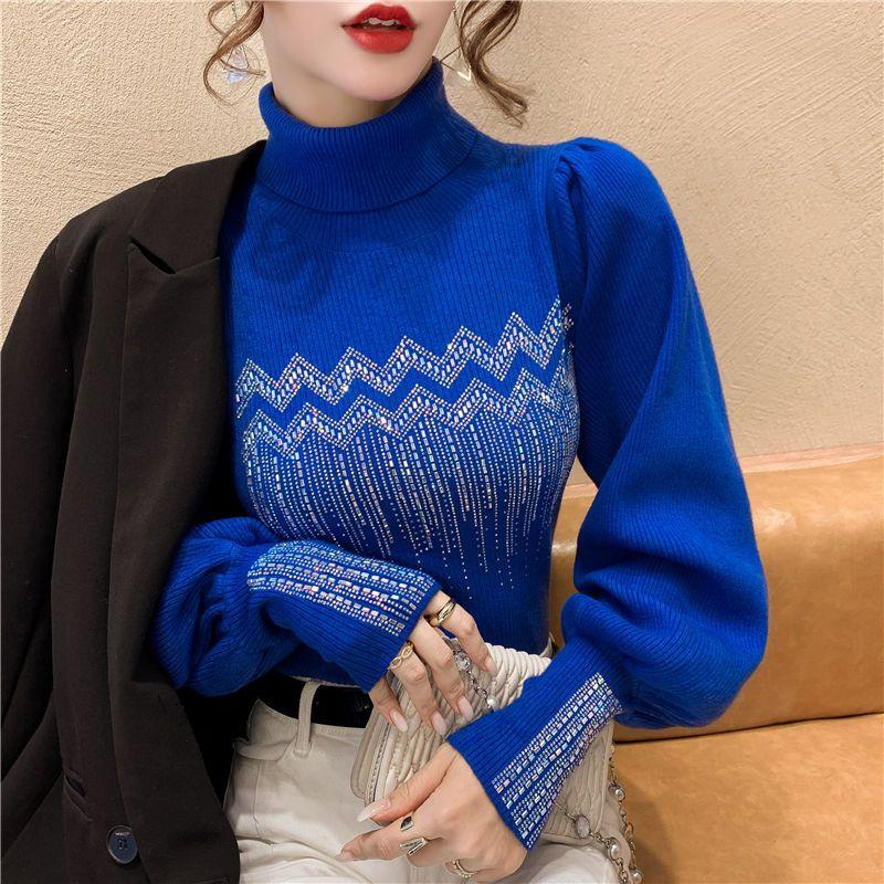Product Introduction of Solid Color Diamonds Turtleneck  Sweaters Autumn Winter Female Commute Fashion Lantern Sleeve Thick Knitted Jumpers 15
