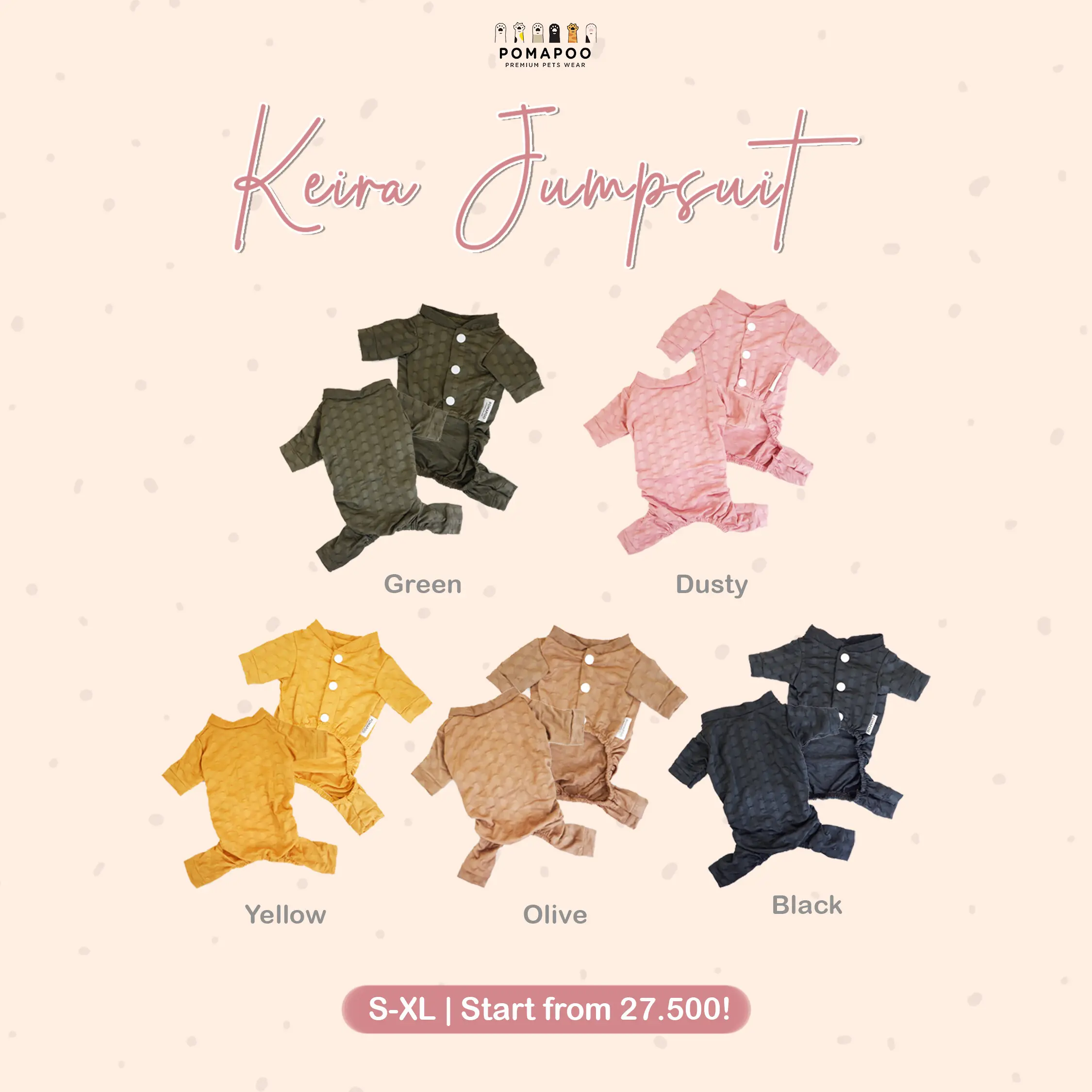 POMAPOO - Jumpsuit Kucing dan Jumpsuit Anjing Keira Jumpsuit Black, Dusty, Green, Olive, Yellow