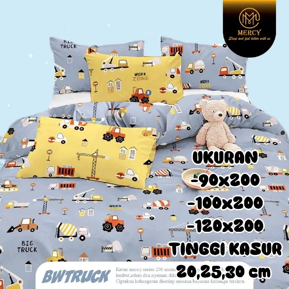 Sprei Set 90x200-120x200 Motif BWTRUCK Bahan Katun CVC Lembut Adem Cocok untuk Anak dengan Sarung Bantal dan Guling Standard