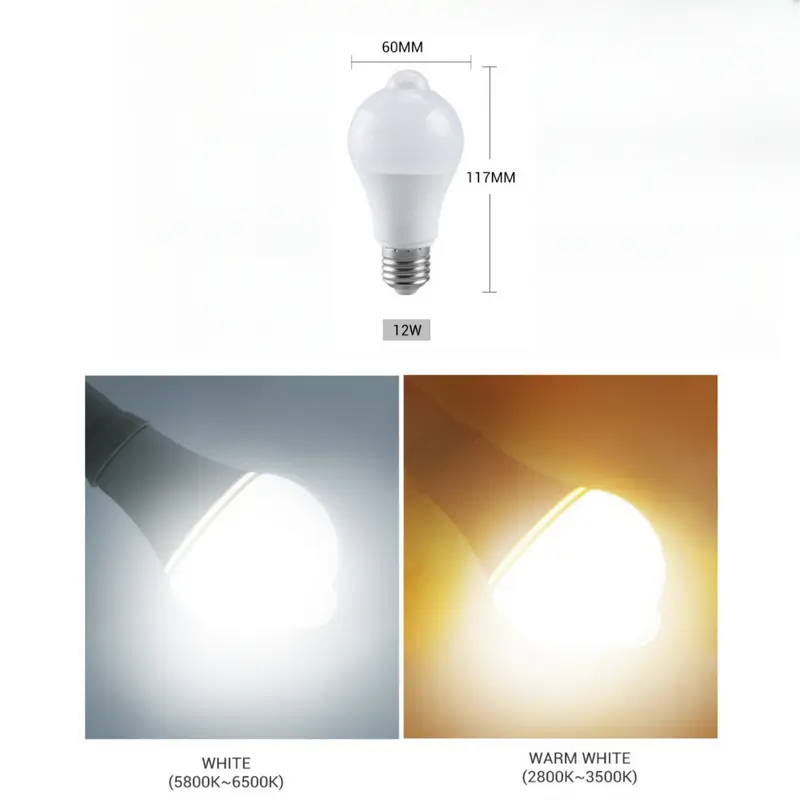 Bóng đèn LED cảm biến chuyển động, E27, 12W, siêu sáng, ánh sáng vàng và trắng, công tắc tự động, cảm biến hồng ngoại của con người, Thích hợp cho nhà để xe, hành lang, cầu thang, phòng tắm, phòng lưu trữ, ánh sáng cảm ứng 2
