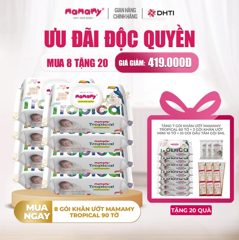 [XQ][MUA 8 TẶNG 20] MUA 8 gói khăn ướt Mamamy Tropical 90 tờ TẶNG 7 gói khăn ướt Mamamy Tropical 60 tờ + 3 gói khăn ướt mini 10 tờ không mùi + 10 gói dầu tắm gội 5ml hạnh nhân