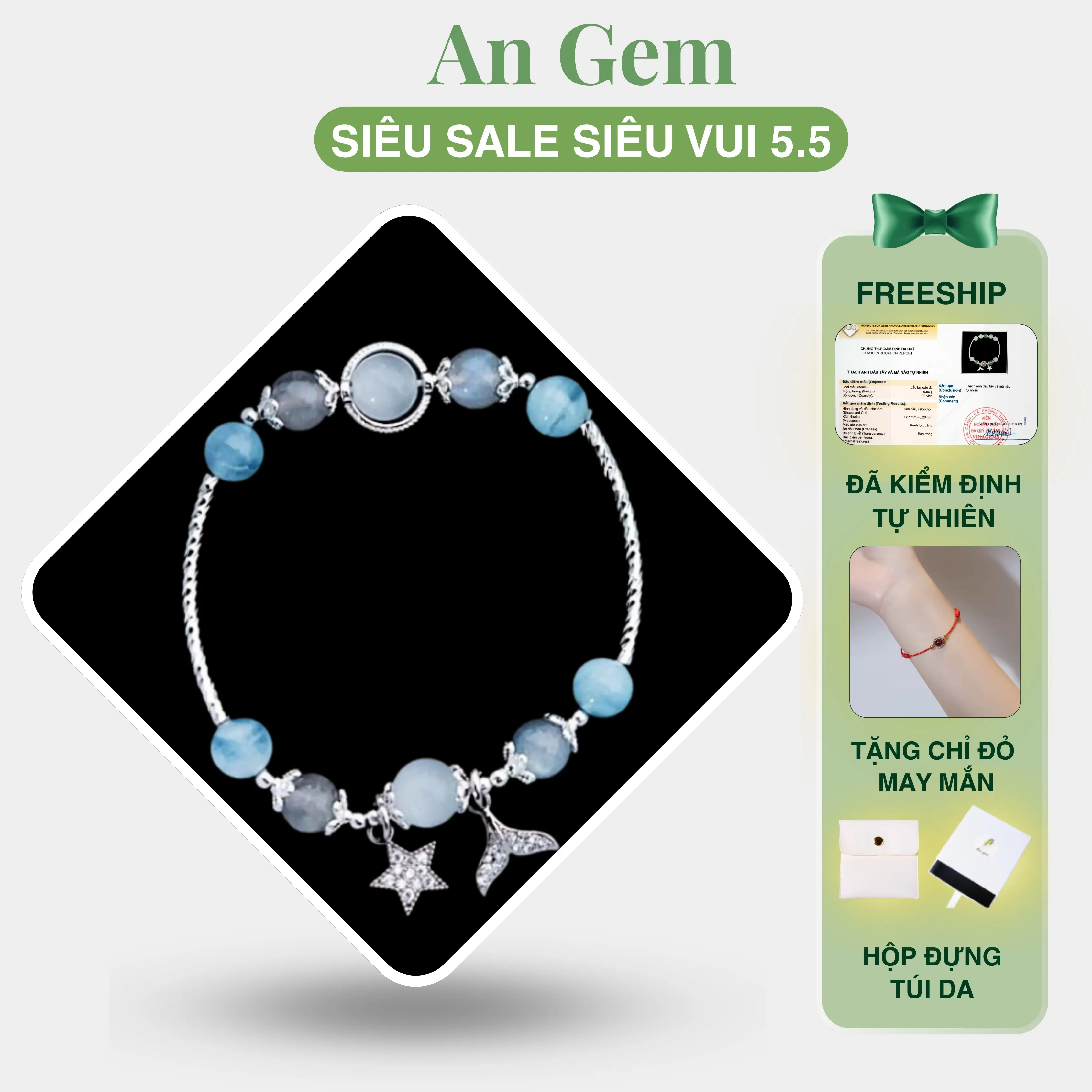 Vòng tay đá tự nhiên phối charm thiết kế An gem, lắc tay nữ đá màu xanh dương mix xám xanh Aquamarine mix Labradonite) phụ kiện đeo tay phong thuỷ quà tặng sinh nhật giáng sinh Noel Tết Valentine [TẶNG VÒNG CHỈ ĐỎ]