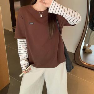 Round neck T-shirt beautiful women's clothing style, contrast color stripes beautiful style top, unique splicing fake two pieces, long-sleeved T-shirt autumn 2025 new style inner bottoming shirt design top women 3880 Womenswear Longsleeve Crewneck Striped