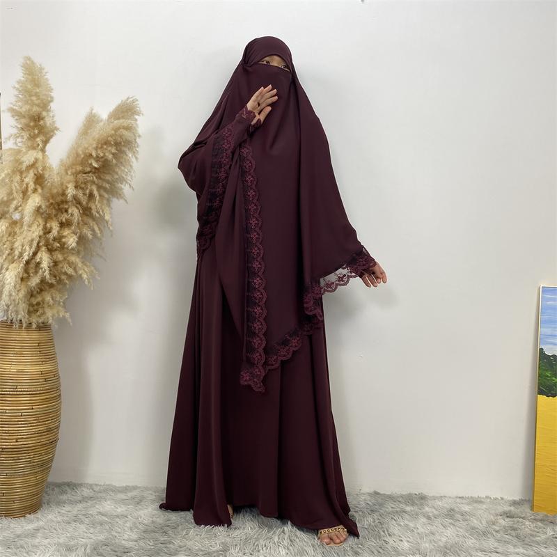 Product Introduction of 6693#  2 Piece Set Set Khimar (Jubah Free Khimar) New Fashion Prayer Muslims Women Lace Party Gift Dress And Khimar 10