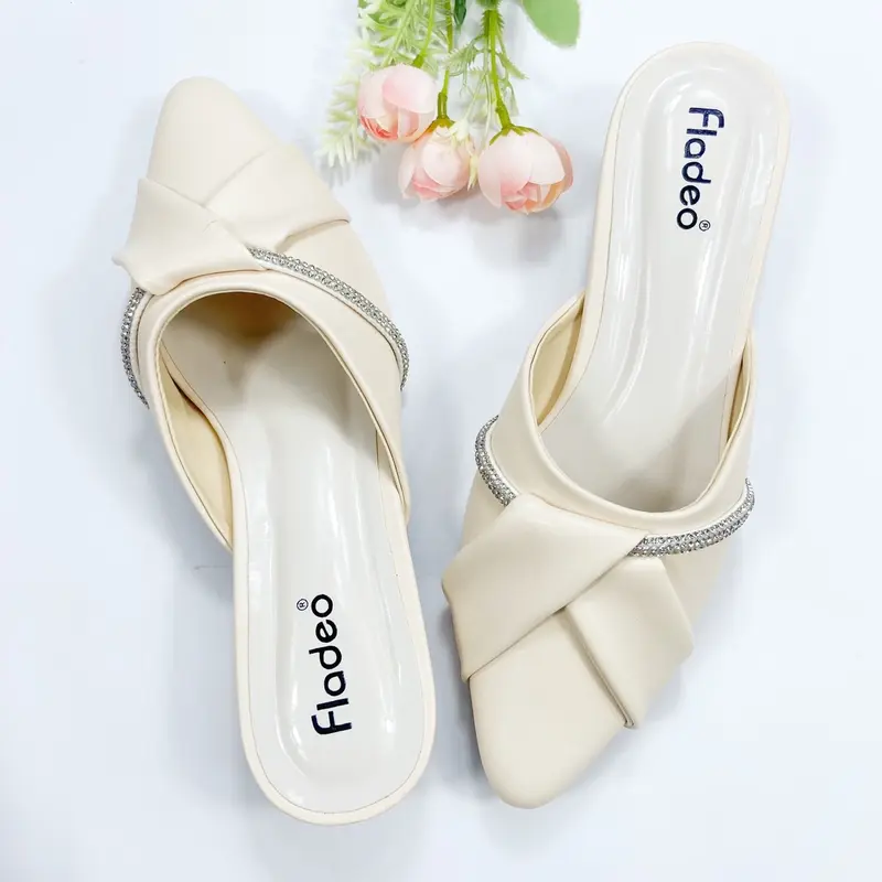 FLADEO Selop Sandal Wanita Variasi Tali Silang Gliter Hak Tahu 3CM Trendy Dan Simple Sendal Shoes 3