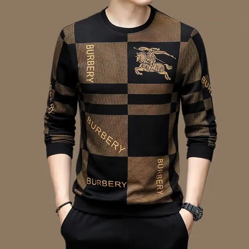 Long sleeved hoodie T-shirt with round neck, high-quality men's clothing, men's pure cotton top, thin T-shirt Menswear Sweaters
