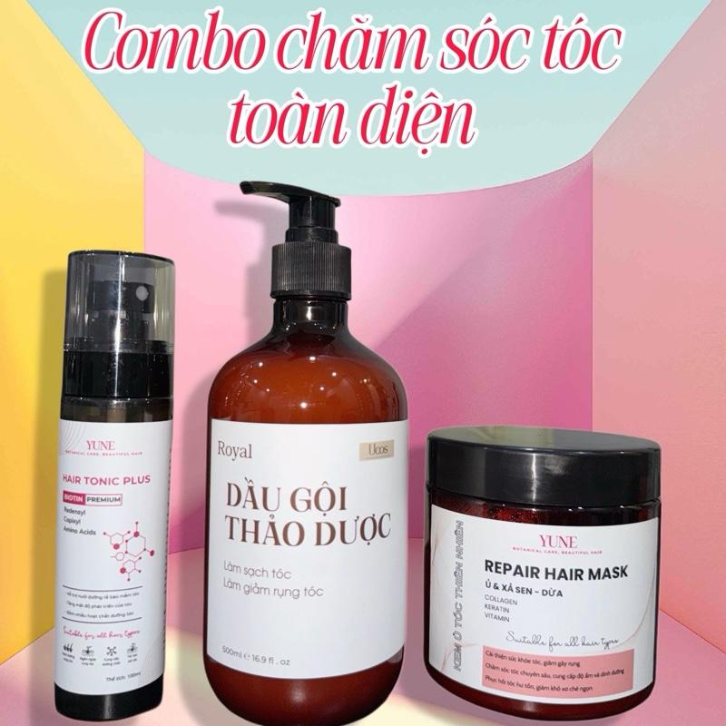 Combo Dầu gội thảo mộc, Ủ xả sen dừa, Xịt tóc Hair Tonic size lớn