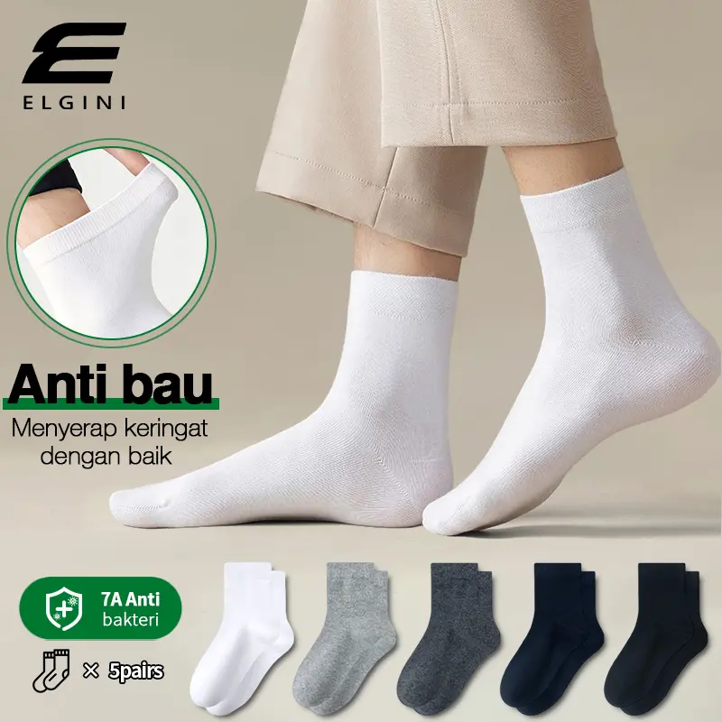 ELGINI - 5 Pasang Kaos Kaki Polos Pria Panjang MID Sock Bahan Cotton Import Nyaman dan Tahan Lama untuk Sehari-hari Lembut