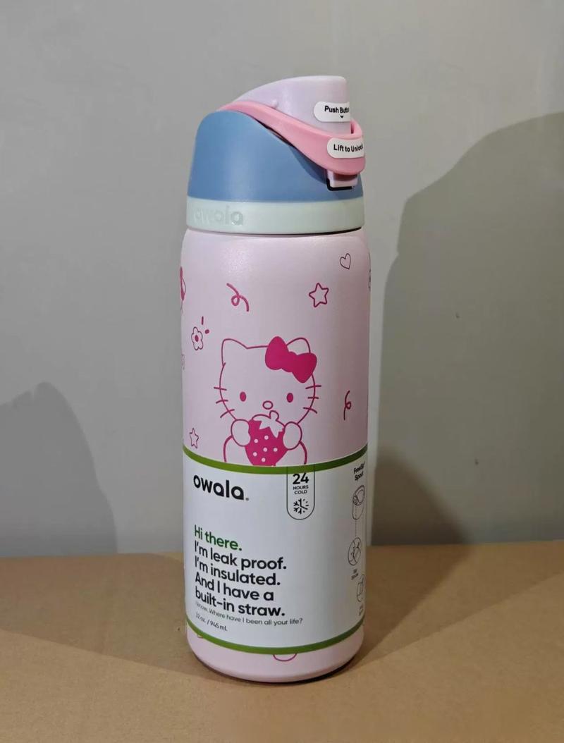 Product Introduction of Pink kitty big bow Okala freesion insulated stainless steel sports water bottle with straw, water bottle drinkware stainless steel thermos cup hot and cold coffee insulated lid straw bottle portable cup sports water bottle Flasks Loop  Mug Tumbler Bottled 12