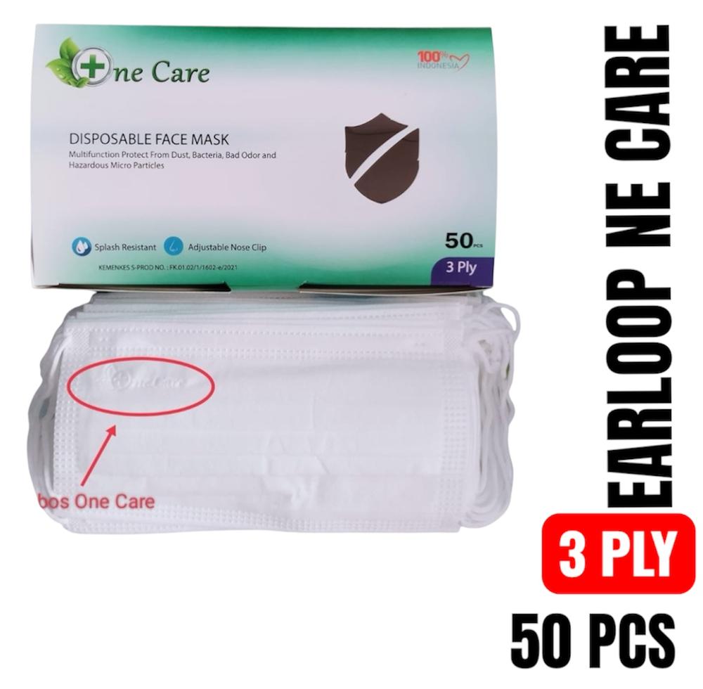 One Care Masker Earloop 3 Ply Embos 50 Pcs Biru Hijau Putih Abu Hitam Kemenkes RI - BIRU