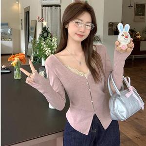 Women's V-Neck Long Sleeve Lace Trim Top, Fall Winter Inner Layer Ruched Waist Slim Fit Blouse, Casual Fashion Tee Shirt 7946#