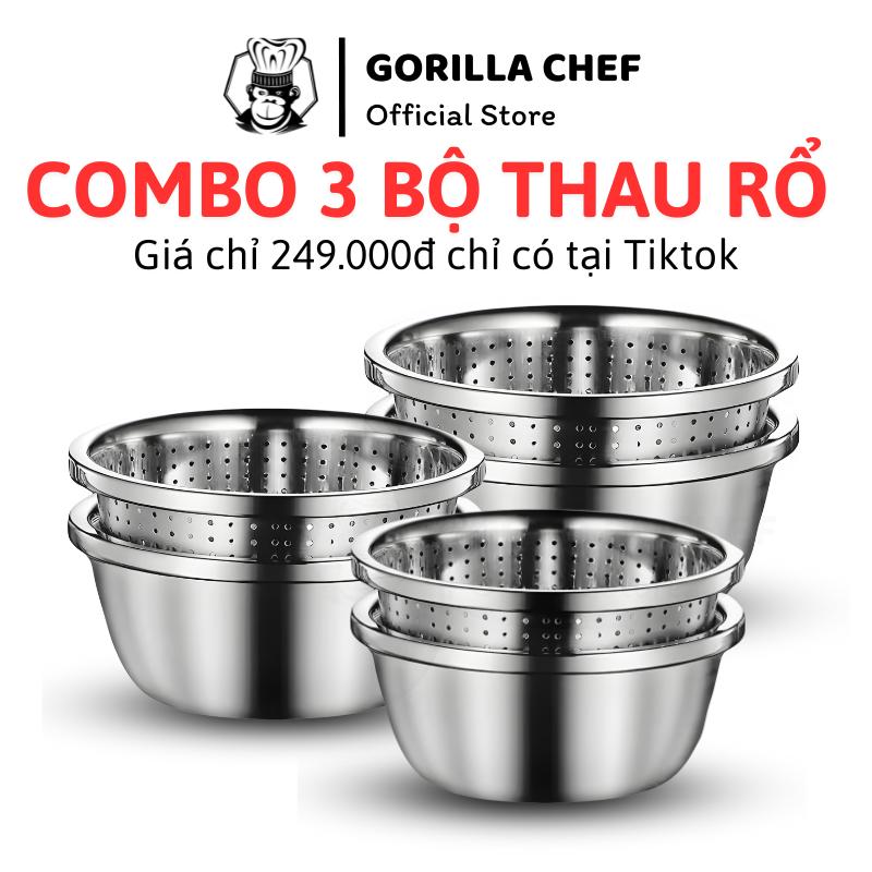  Combo 3 bộ thau inox kèm rổ Gorilla Chef vo gạo tiện lợi kích thước 24-28cm 