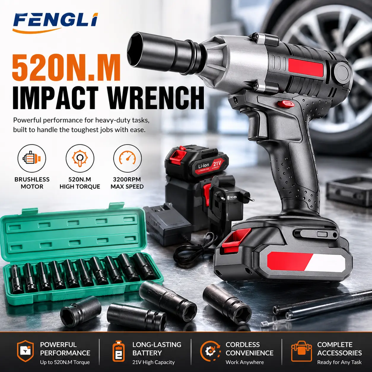 【Detik Lepas Baut】Impact Wrench 21V 520N.M Cordless Mesin Pembuka Baut Ban Motor Bor Set Impak Buka Baut Torsi Tinggi baterai