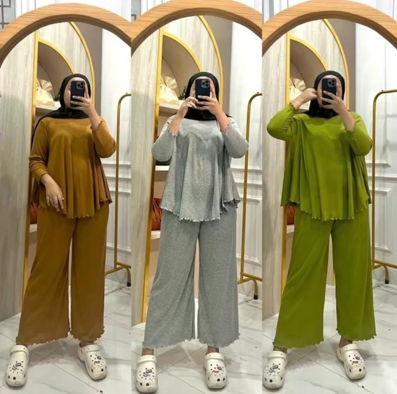 Product Introduction of Setelan Rib Knit Wanita Lengan 7/8 Celana Panjang Baju Atasan Polos Formal Dewasa Nyaman 2