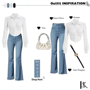 Setelan wanita terbaru atasan Kemeja Crop Putih + Jeans Cutbray + Tas Wanita + Jam Tangan KS0022