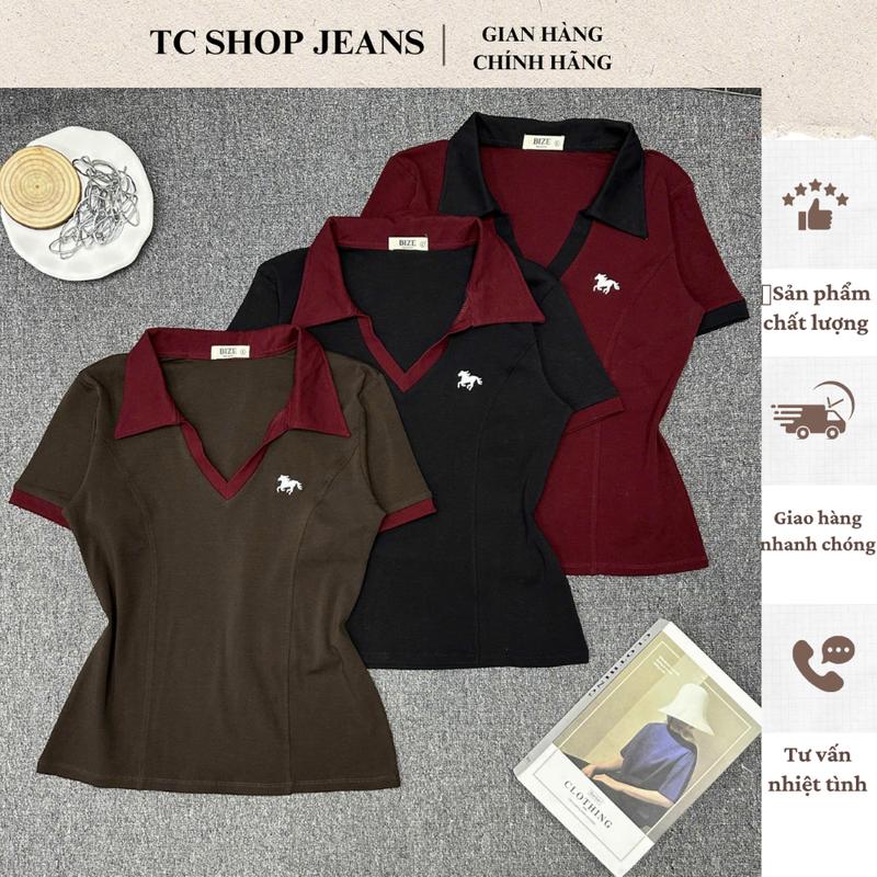 TCSHOPJEAN ÁO THUN BIGSIZE CỔ BẺ HACK DÁNG THÊU HÌNH NGỰA 4D CHẤT BORIP COTTON CO GIÃN AT 9039