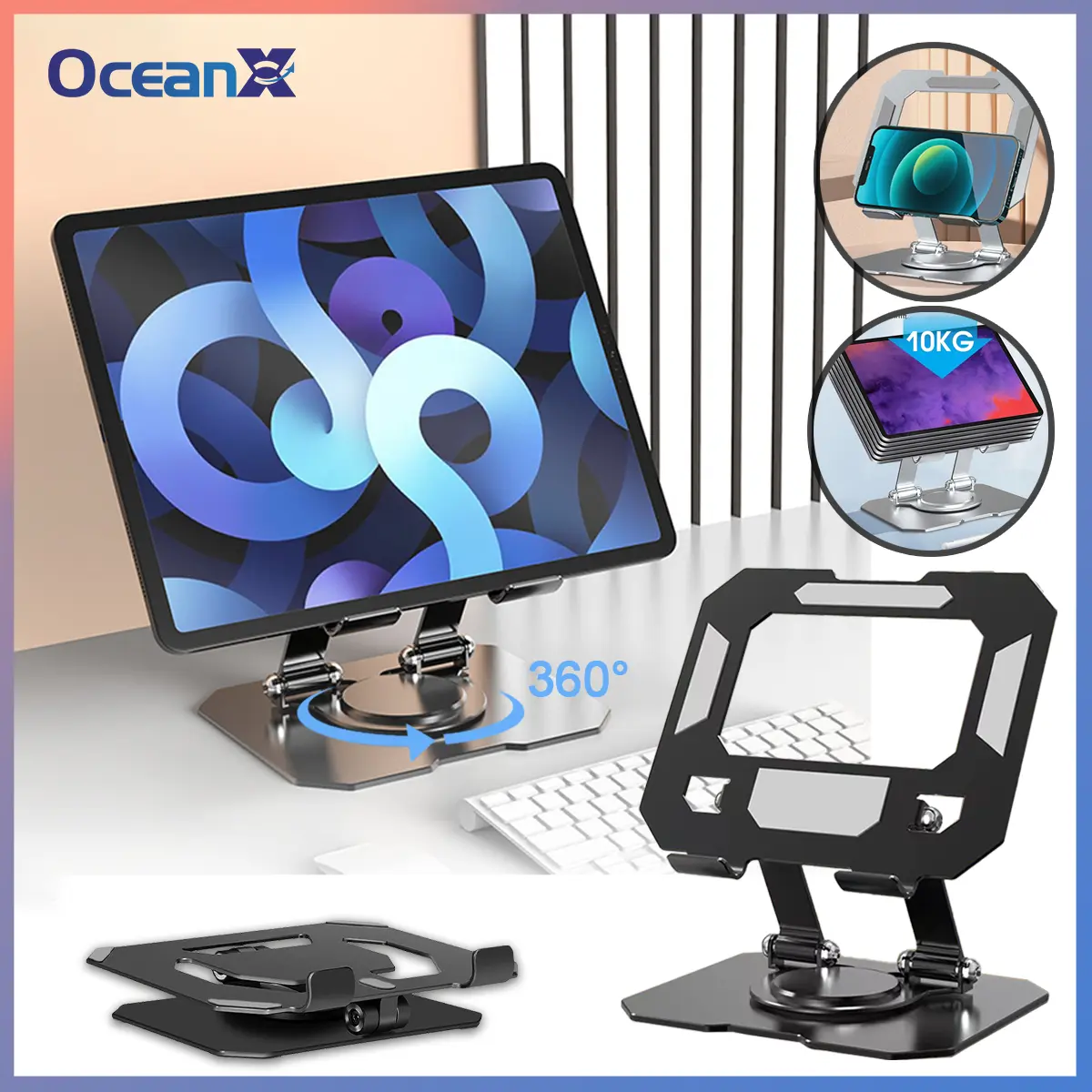 Ocean-X[COD] 360 Derajat Tablet Holder Lipat Desktop Rotatable 360 Rotating Tablet Stand Aluminium Alloy Adjustable Full Besi Metal Foldable Support Tablet Phone - Hitam