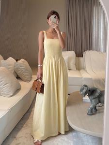 Vestido de verano elegante para mujeres y niñas, amarillo pastel, largo y transpirable, suave con la piel