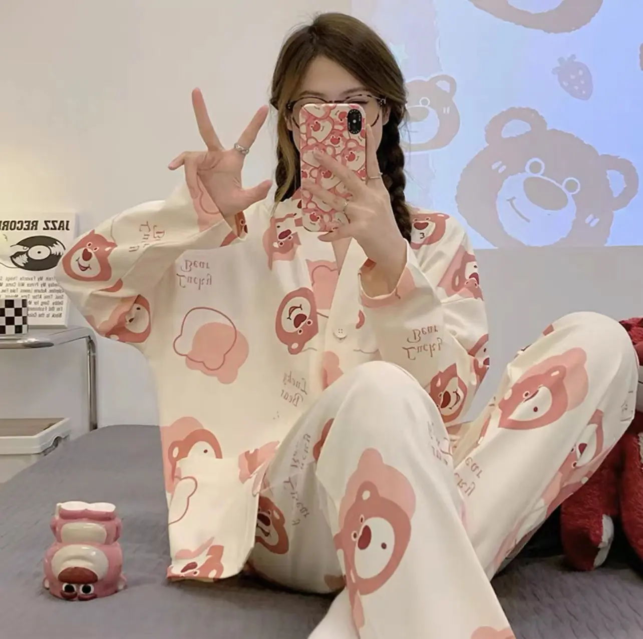 AKS Setelan baju tidur dewasa bahan katun polyester adem serap keringat set piyama perempuan remaja motif karakter animasi lucu full kancing big size jumbo atasan celana panjang fit to XXL cocok untuk santai harian PY008