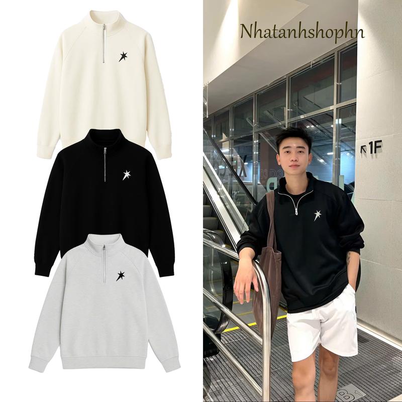 Áo Sweater Cổ Zip Vải Nỉ 2 Da Hoạ Tiết Thêu Ngôi Sao Khóa Kéo Cổ Thời Trang Unisex Nam Nữ