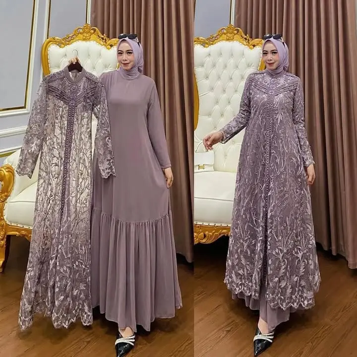 ZALLIA DRESS Lebaran Brukah Cantik Mewah Kekinian Bahan Ceruty Babydol Full Furing Mix Brukat aplikasi Payet Mewah Gamis Muslim Premium Wanita Kondangan Pesta