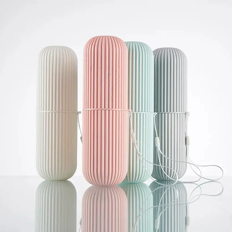 Cylindrical Toothbrush Toothpaste Storage Box with Lanyard, 1 Count Dustproof 2 in 1 Toothbrush Holder & Mouthwash Cup, Portable Toothbrush Organizer 7