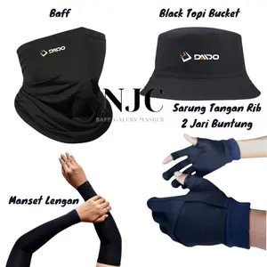 Paket Hemat Murah Topi Bucket (Daido)+ Sarung tangan Rib 2 Jari Buntung+Baff+Deker Spandex Hitam