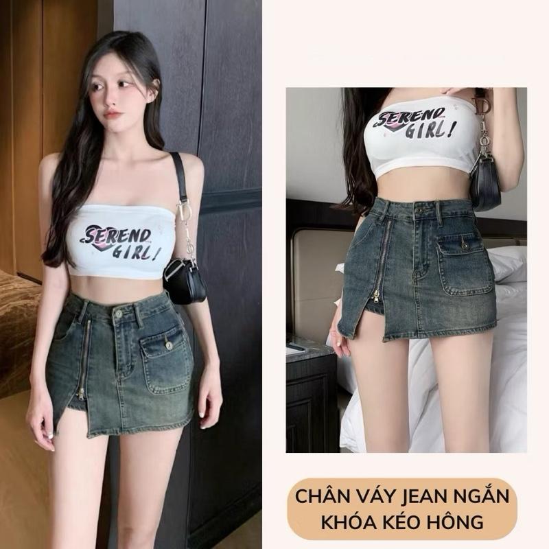 Chân váy jean ngắn denim, chân váy bò dáng ngắn phong cách Retro thiết kế khóa kéo hông kết hợp túi nắp Nữ Women