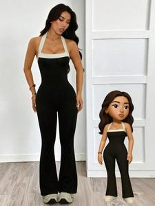 Mono de cuello halter con retazos ajustado para mujer, deportivo casual de corte ajustado, cómodo para uso diario, moda para todas las estaciones