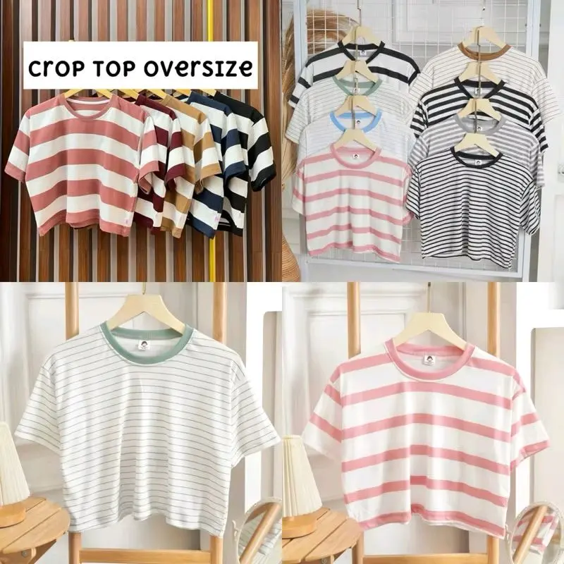 kaos cewek aesthetic | kaos oversize salur cewek, atasan cewek cute Baju Crop 0