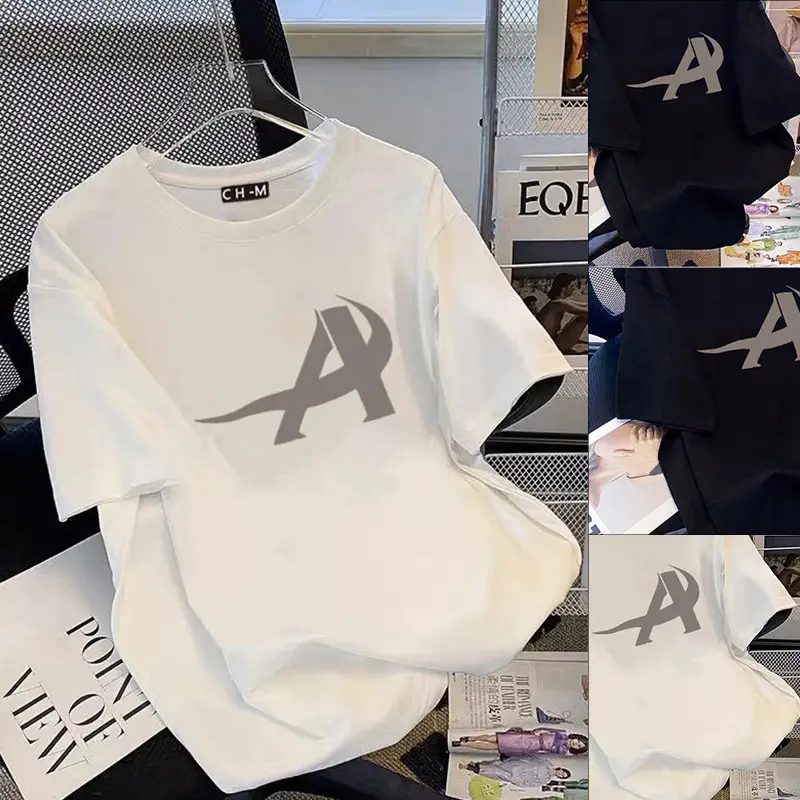 【CHMian mall】T-SHIRT WANITA -Kaos putih Lengan Pendek Vintage/Loose short sleeve T-shirt woman/Round neck oversize Baju/White bermotif A-Letter atasan wanita terbaru/Polos basic atasan/Ootd kekinian santai korean style