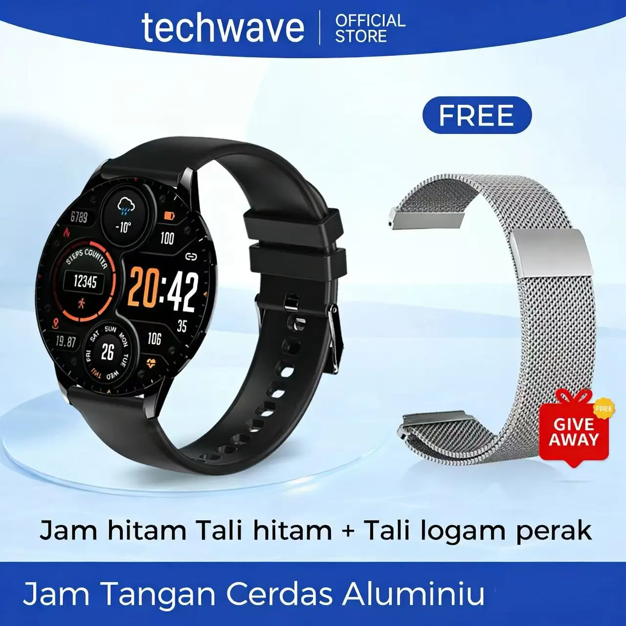 Hitam+Tali logam Perak