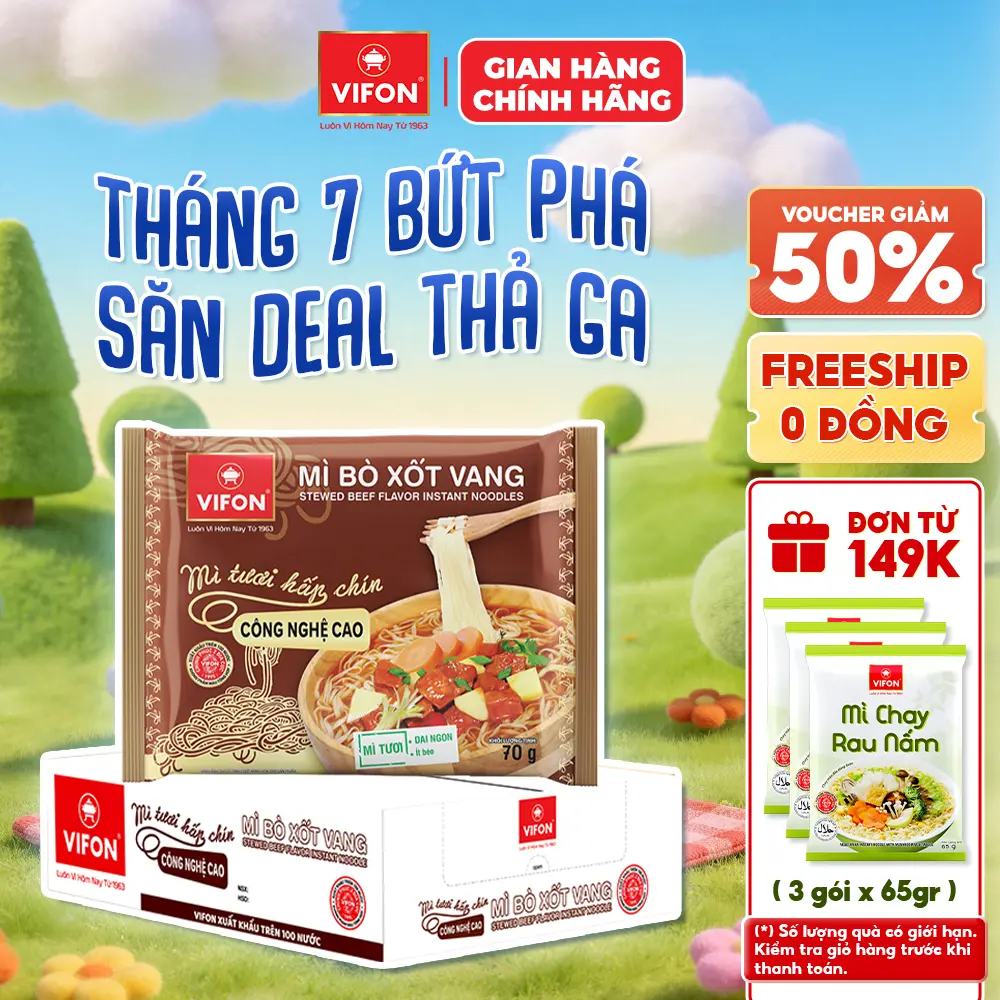 [VOUCHER HOT 10%] Thùng 30 gói Mì Tươi Bò Xốt Vang/ Thịt Bằm / Tôm Chua Cay VIFON 70gr/Gói
