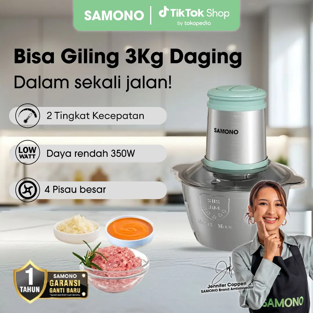 (FLASH 9.9) Samono 2 Liter Meat Grinder Chopper 4 Mata Pisau Wadah Stainless Garansi 1 Tahun [SW-CL350] Mesin Penggiling