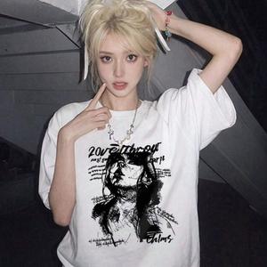 女性用半袖Tシャツ、トレンド英字グラフィティプリントラウンドネック、ゆったり、純綿カジュアルトップス、ラウンドネック、ゆったりシルエット、レディースサマープリントTシャツ