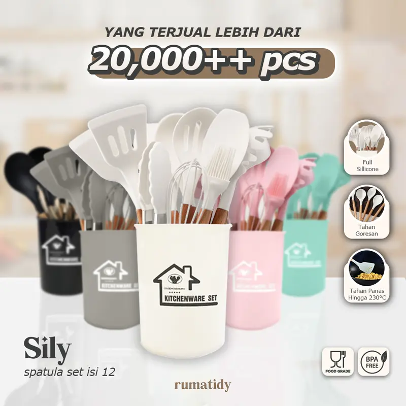 SILY Spatula Set 12pcs Alat Masak Silicone Sodet Steak Clip Set Oil Brush Kitchen Cooking Kayu Kitchenware 0