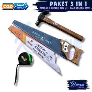 Paket Pertukangan 3 Pcs Gergaji AWS 16 in Meteran 5 M dan Palu gagang Kayu