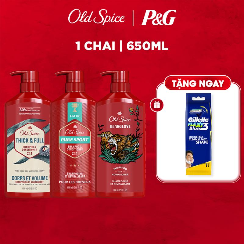 ƯU ĐÃI T12 Dầu Gội Xả Old Spice 2in1 hương nước hoa cho nam nhiều mùi hương 650ml - Mỹ tặng Dao cạo Blue 3 FLexi gói