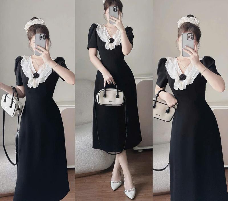 Váy Dự Tiệc Nữ Cổ Tim Phối Hoa Vải Cotton Lạnh Cao Cấp Thanh Lịch Bigsize Từ 40 - 90Kg Thời Trang Nữ Béo Xinh Shop - A.1548