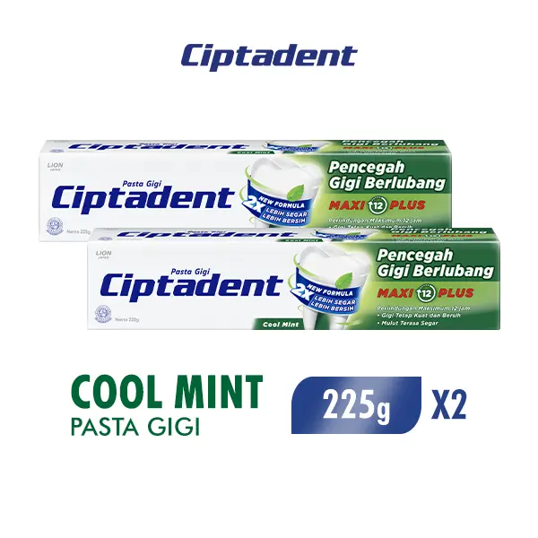 Ciptadent Pasta Gigi Maxi 12 Plus Cool Mint Tube 225g Jumbo Size x2
