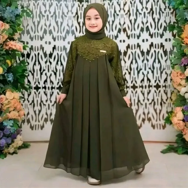 Inara Dress Kids Syari Baju Gamis Muslim Cantik Motif Brukat Bunga Anak Perempuan Ceruty Babydol Premium 5-12 Tahun Size L dan XL Panjang dan Tanggung Shakila Set Kerudung Pasmina Lebaran 2025 0
