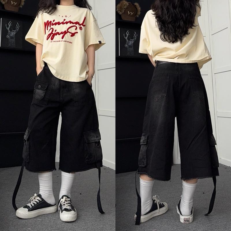 Quần short jean ống rộng HEYU xám wash Loang Vàng - Quần ngố bò form Nam nữ unisex Jaystoree