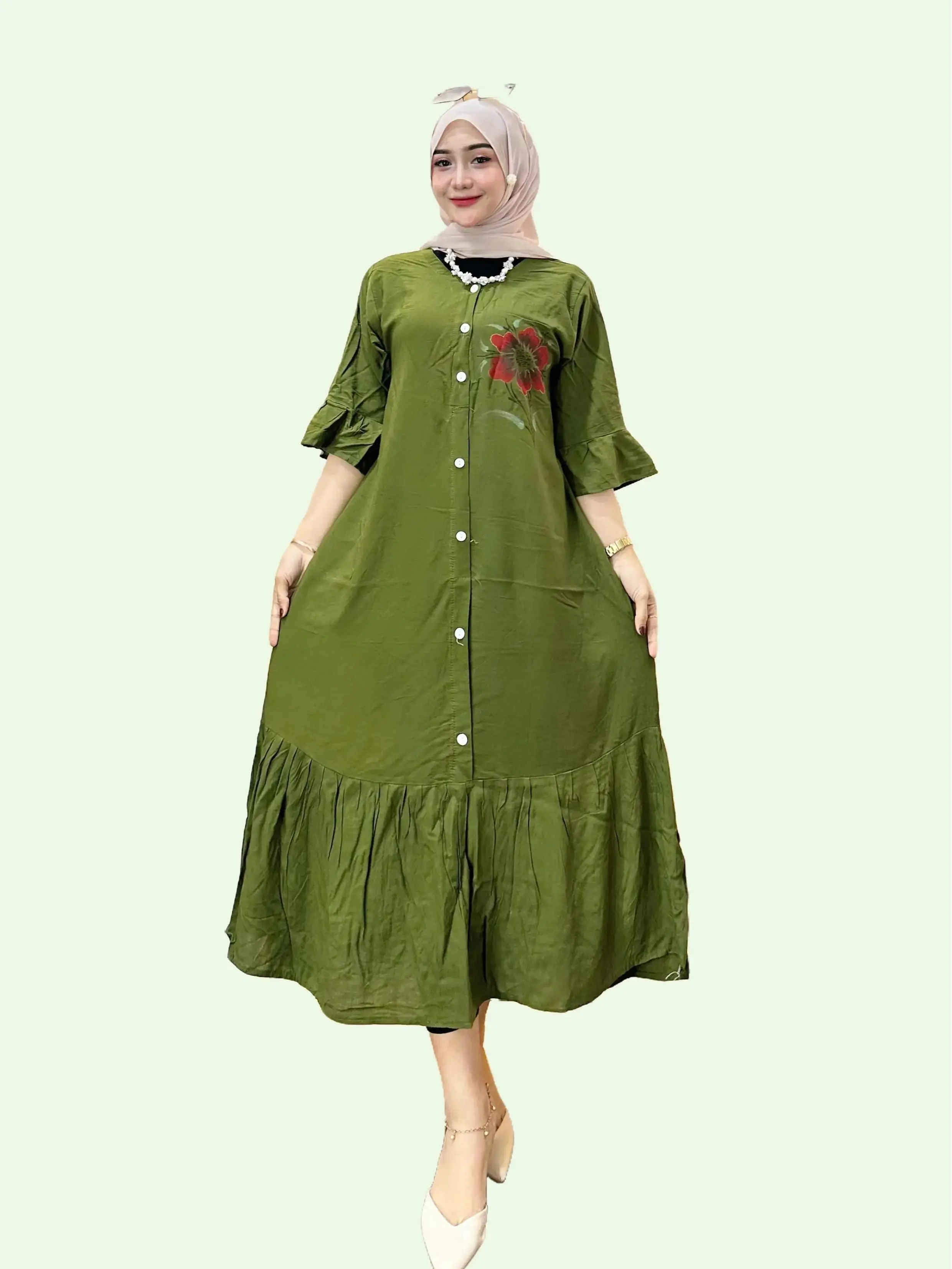 Daster Rayon Polos Aksen Bunga Lengan 3/4-Dress Wanita Busui Rempel Kancing Ibu Hamil