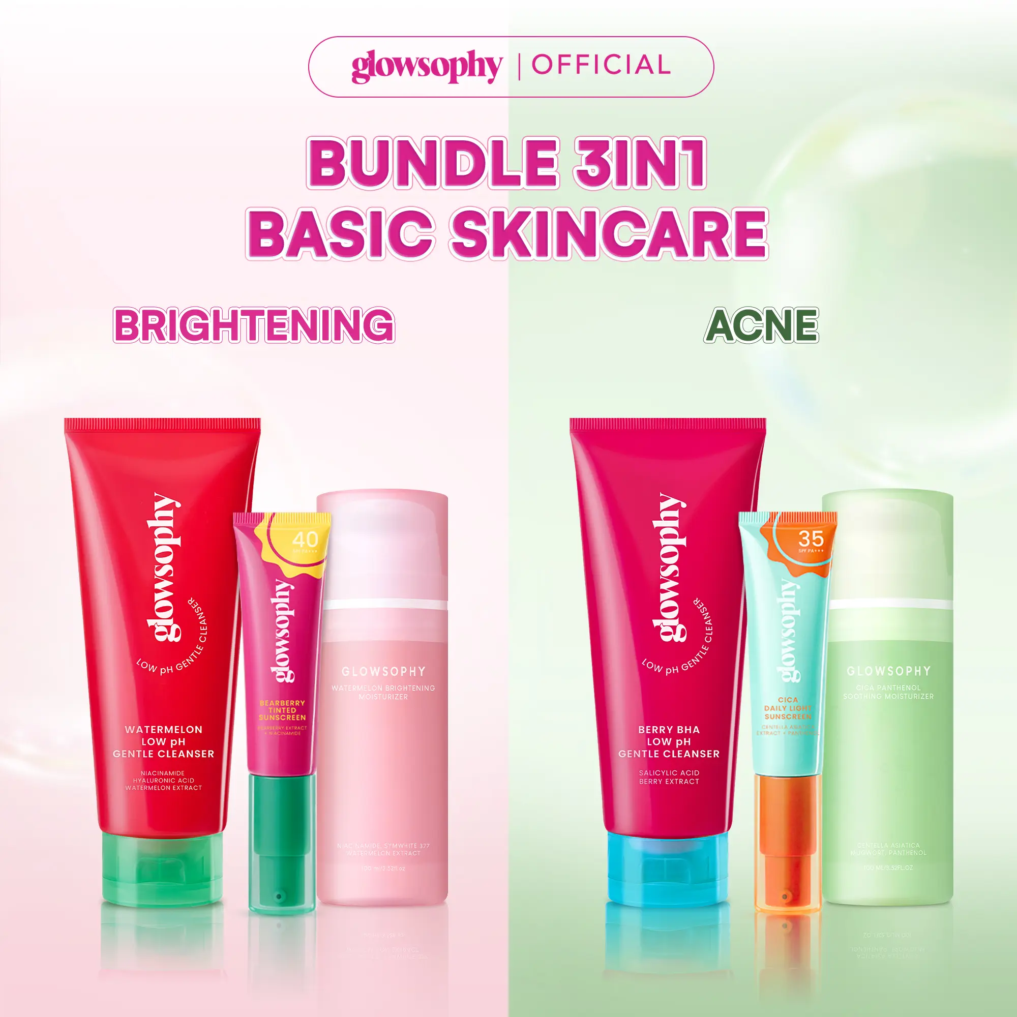 Glowsophy Bundle 3in1 Basic Skincare Gentle Cleanser + Moisturizer 100ml + Sunscreen